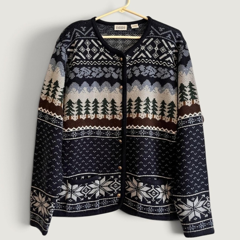 Vintage Classic Elements Cardigan Sweater Womens Large Navy Fair Isle Ski Trees